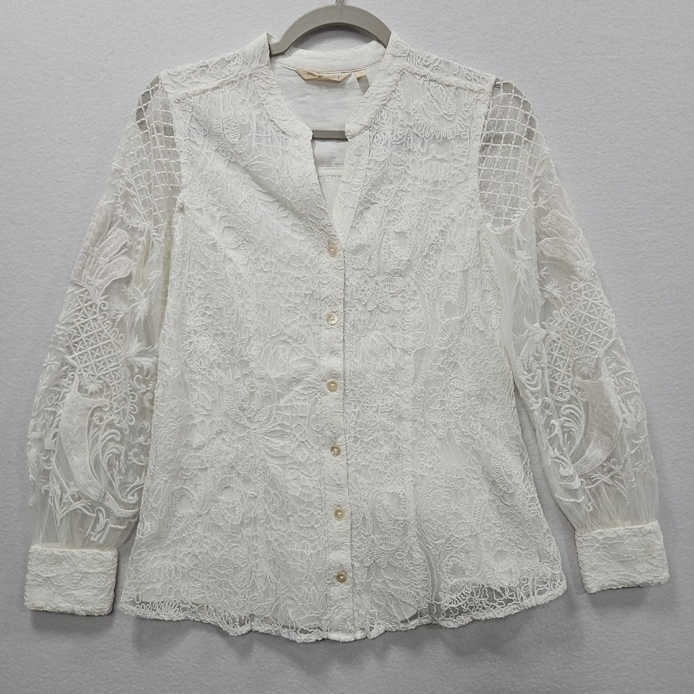 Soft Surroundings Fiori XS Lace Blouse Embroidered Ivory Pearl Longsleeve Top‎
